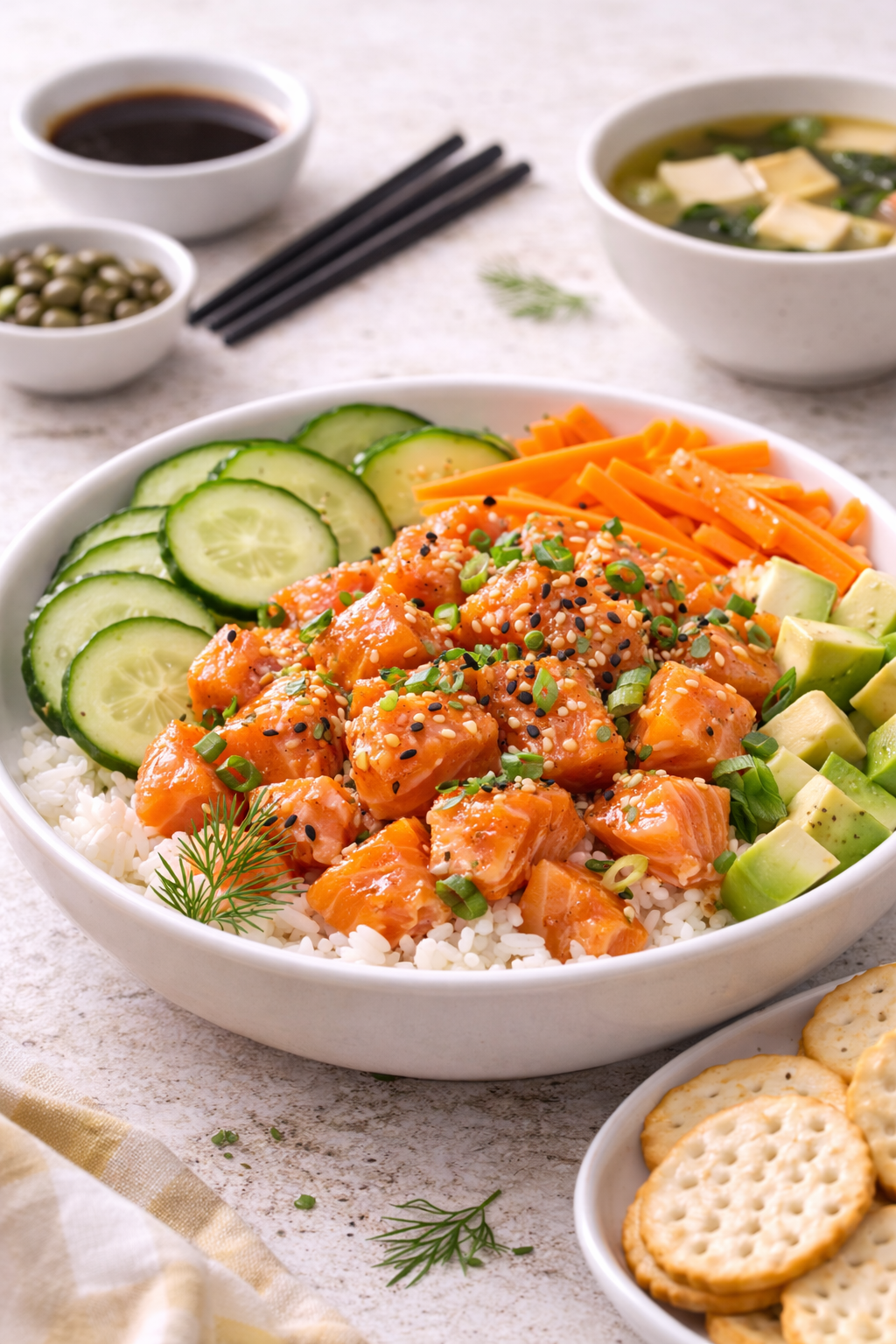 gohan de salmón con arroz, cubos de salmón marinado, palta, pepino y zanahoria, decorado con sésamo y cebollín