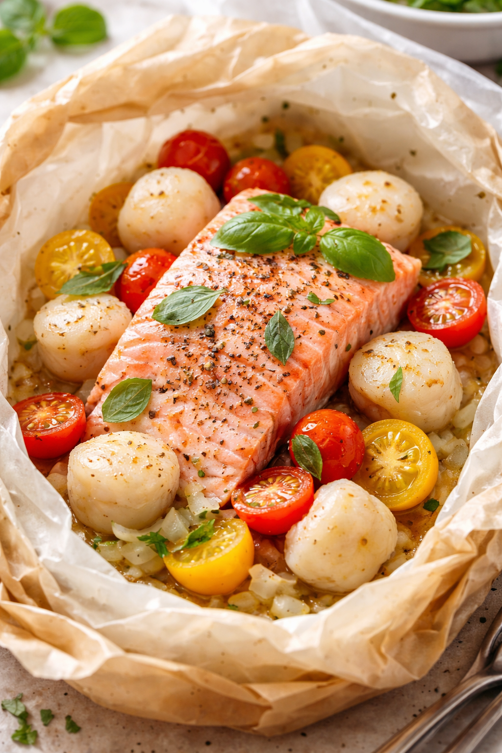 salmón de Chile en papillote con ostiones y tomates cherry, cocido al vapor en papel con hierbas frescas