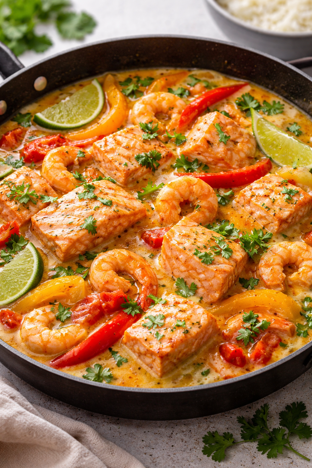 moqueca de salmón de Chile con camarones en salsa de coco, tomate y pimientos servida en sartén