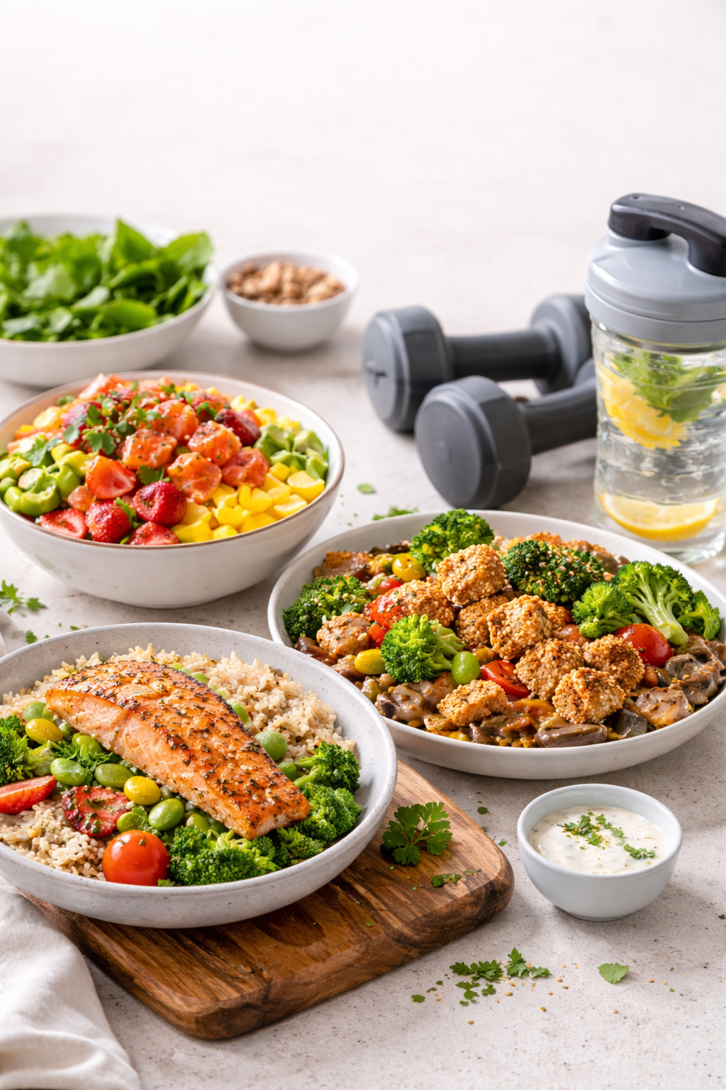 platos con salmón chileno acompañados de arroz, verduras salteadas y poke de salmón en una mesa