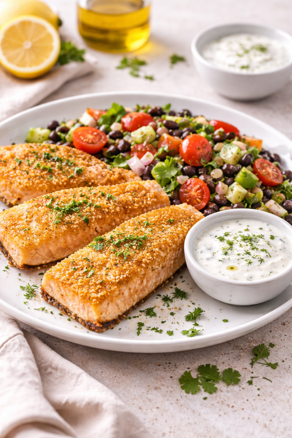 filetes de salmón chileno con costra de fubá acompañados de ensalada de porotos negros, tomate y salsa de yogur
