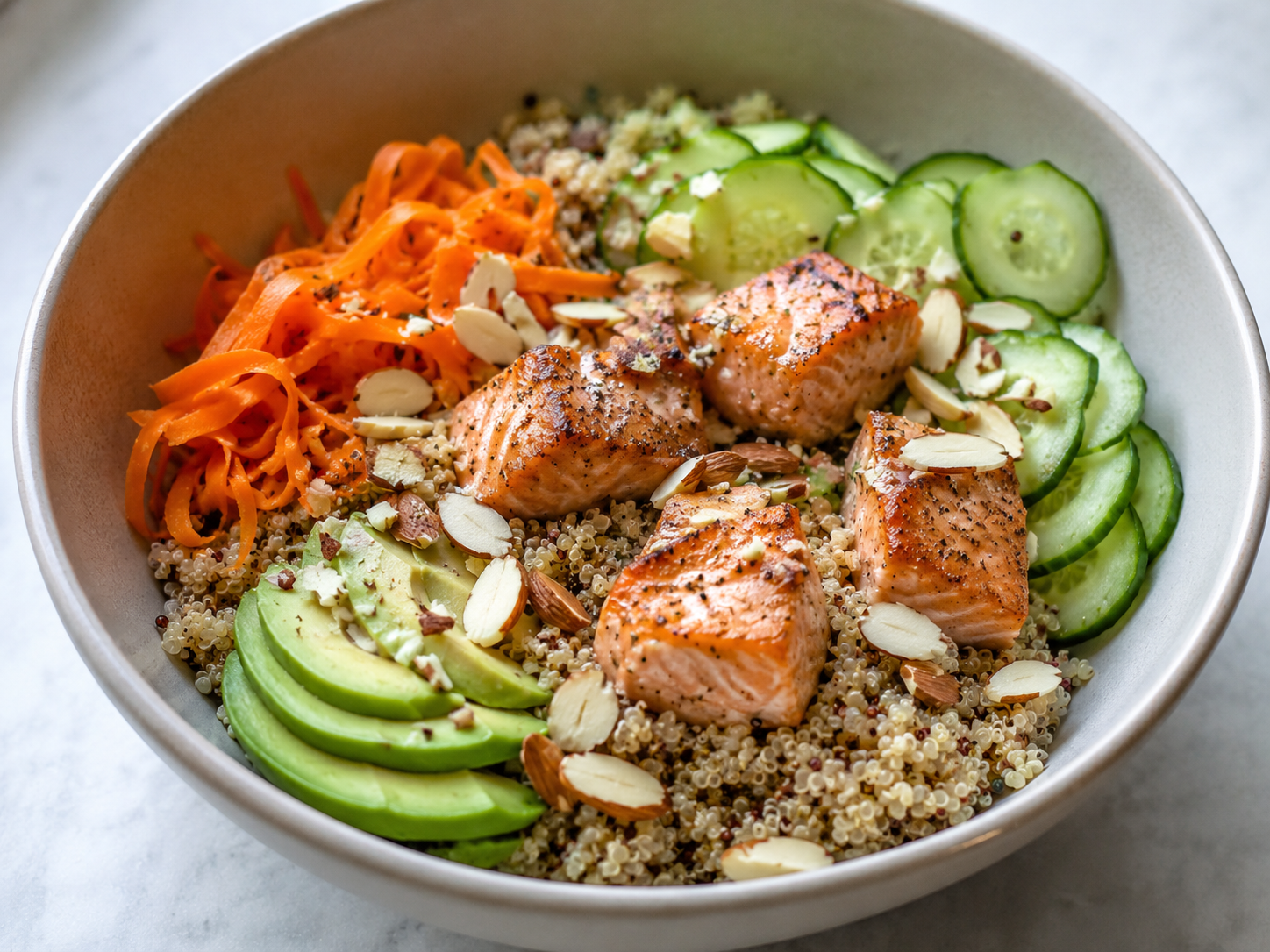 Bowl de salmón chileno con quínoa, palta, pepino, zanahoria y frutos secos.