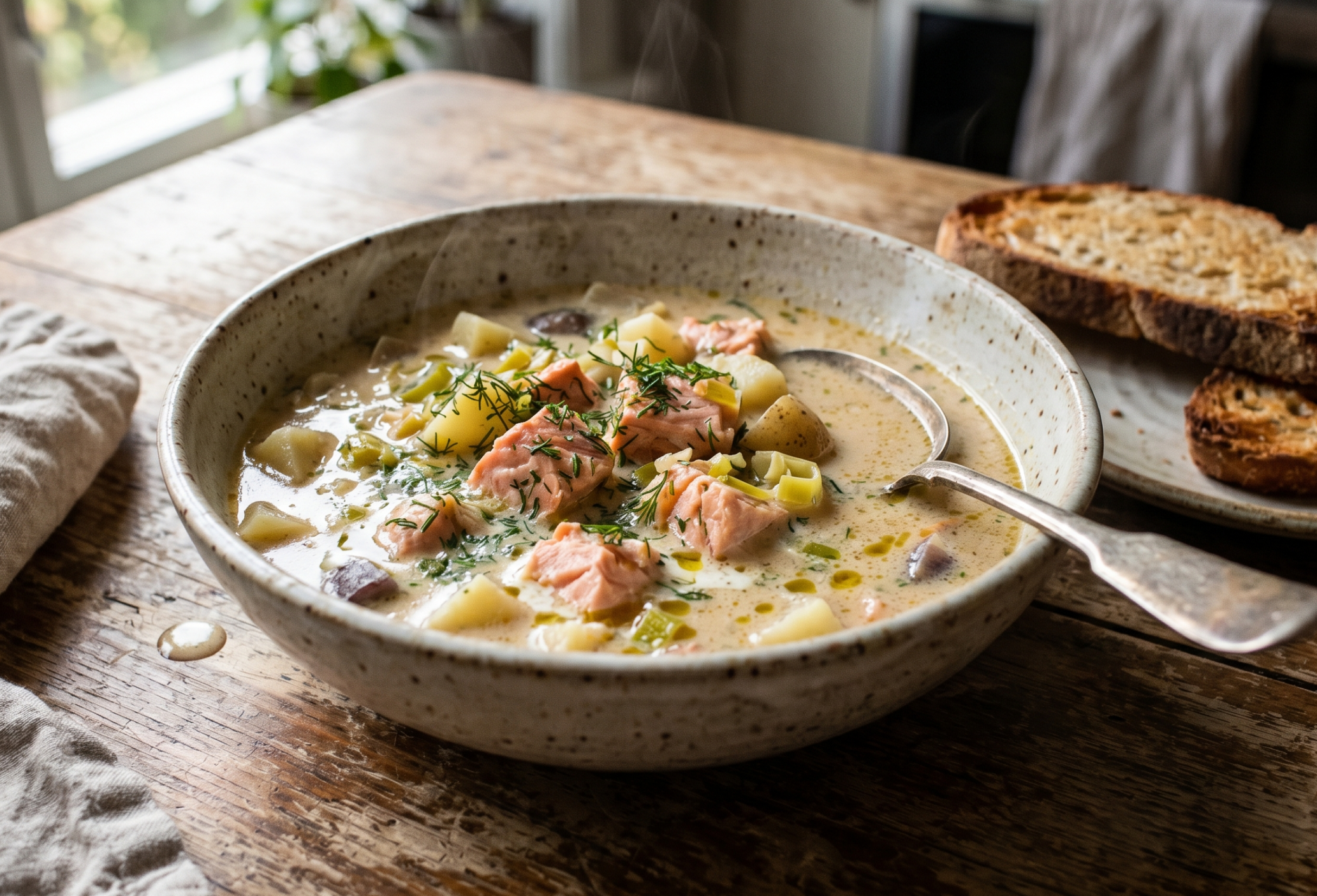 Sopa cremosa de salmón chileno y papas nativas