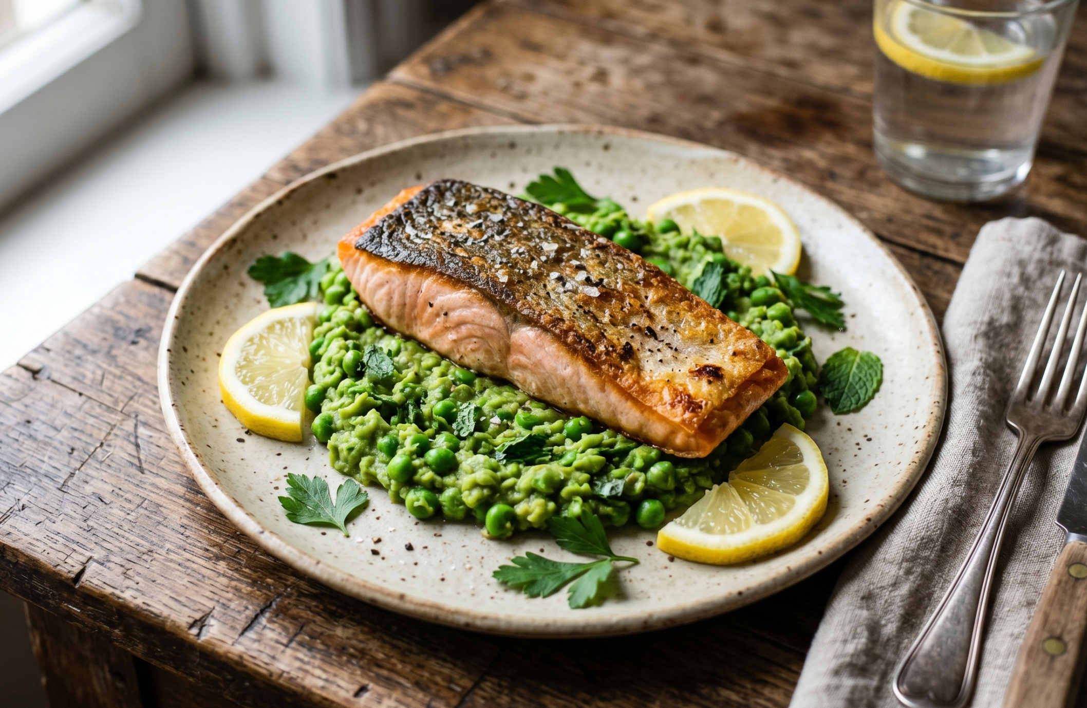 Filete de salmón con puré de arvejas a la menta