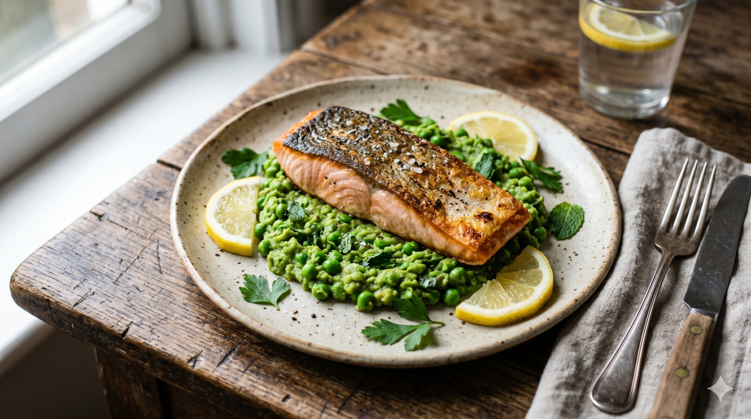 Filete de salmón con puré de arvejas a la menta