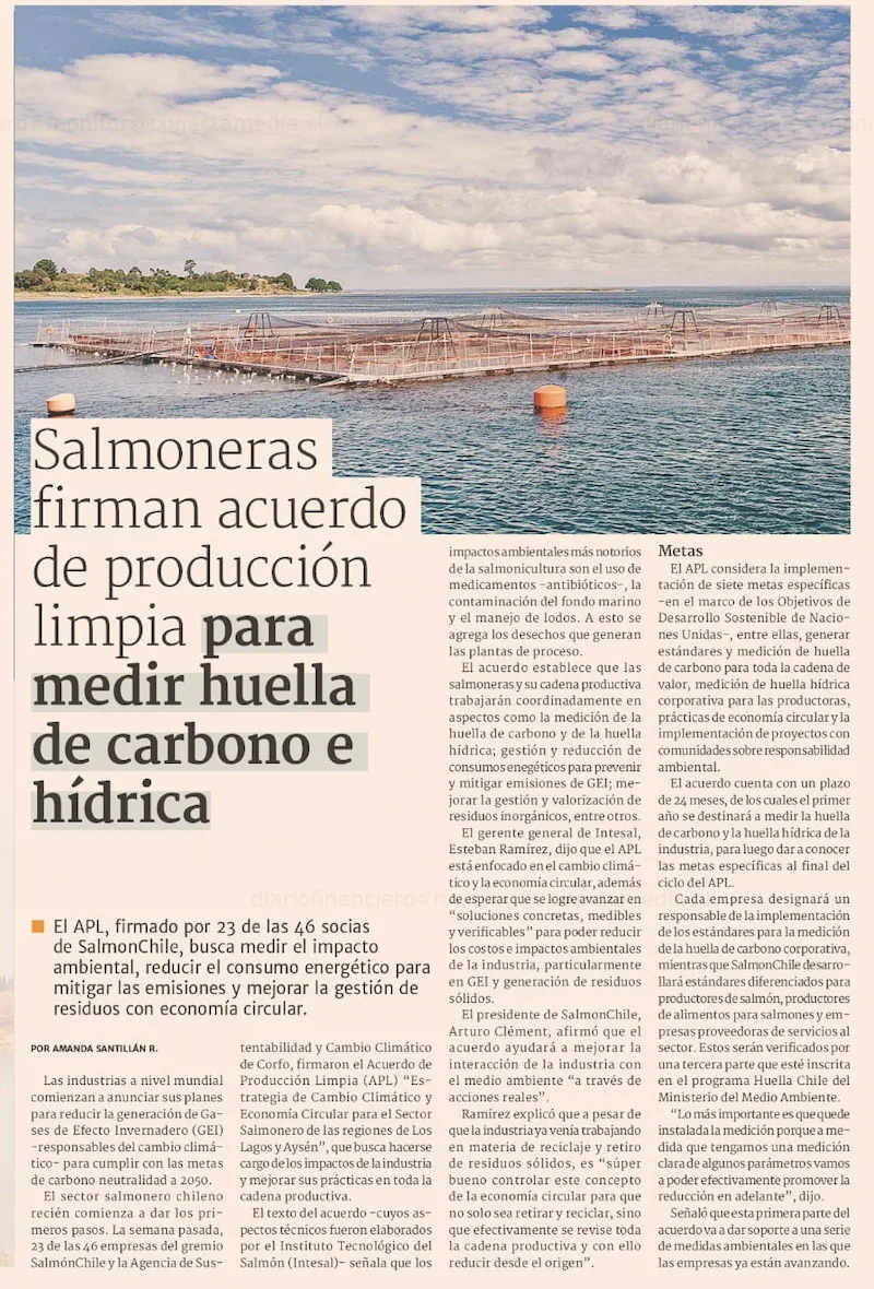 Salmoneras firman acuerdo de producción limpia para medir huella de carbono e hídrica