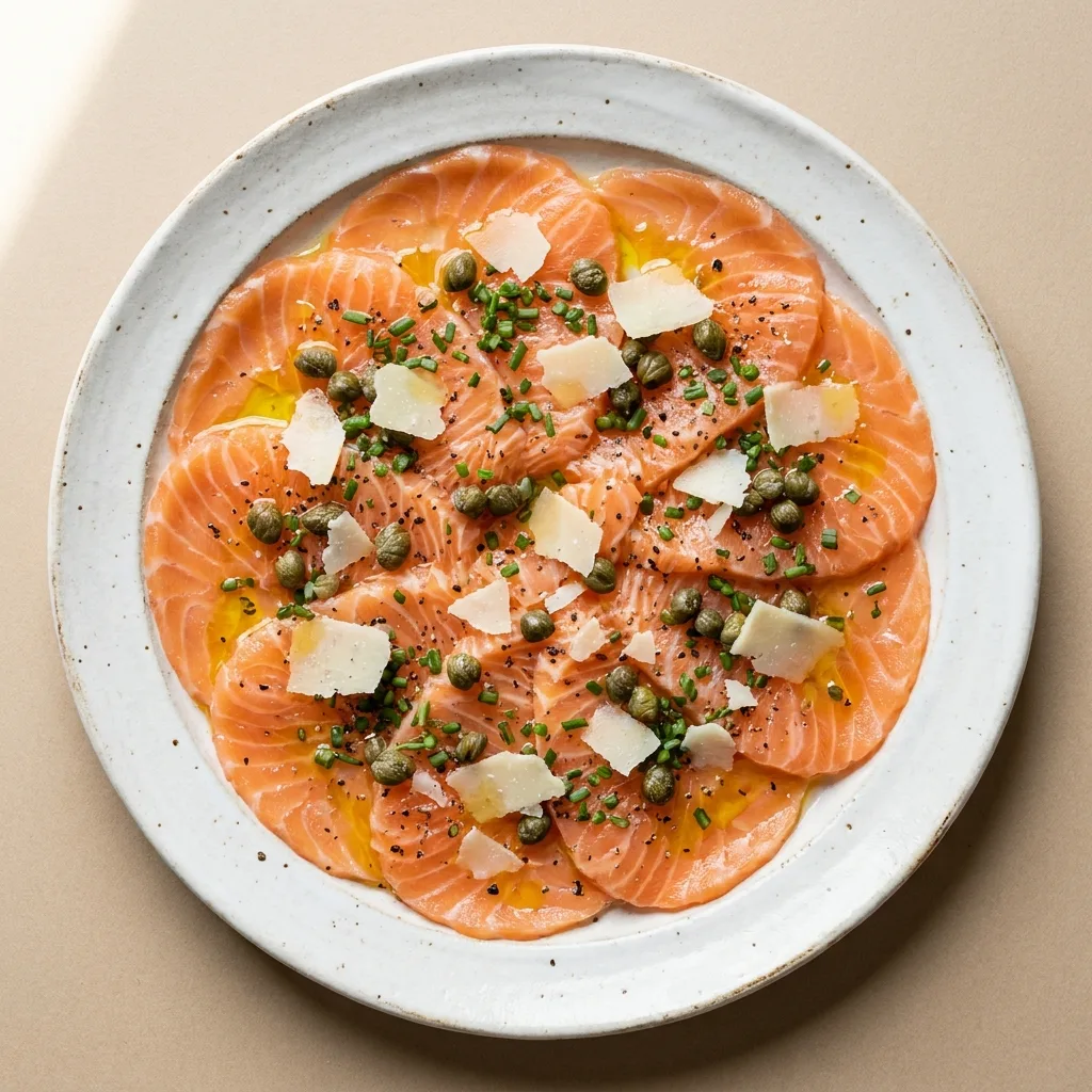 Carpaccio de salmón chileno con alcaparras, parmesano y ciboulette en plato blanco