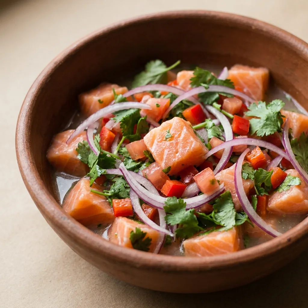 Ceviche de salmón fresco con cebolla morada, cilantro y limón en bowl de greda
