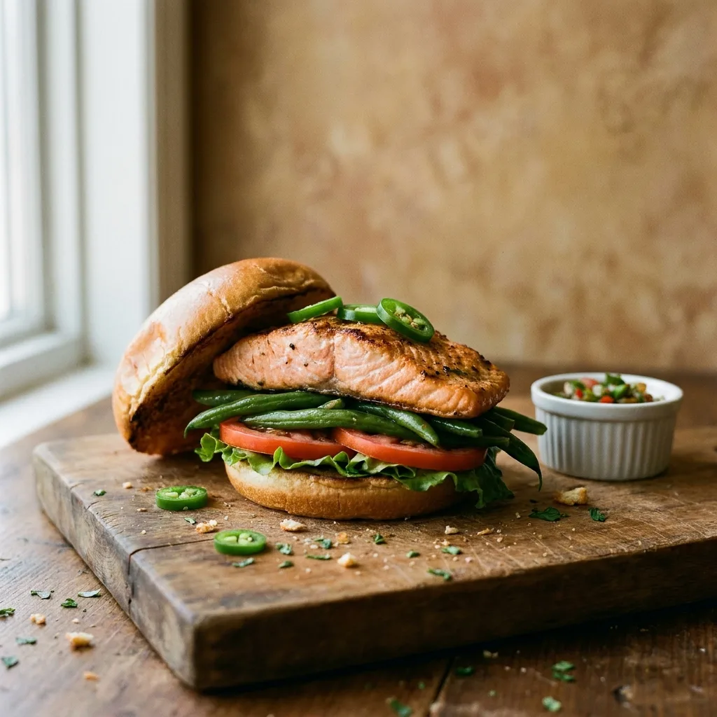 Chacarero de salmón grillado con porotos verdes, tomate y lechuga en pan de hamburguesa