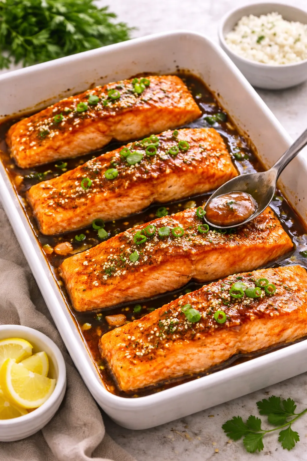 Filetes de salmón al horno glaseados con salsa agridulce, servidos en una fuente con jugos caramelizados
