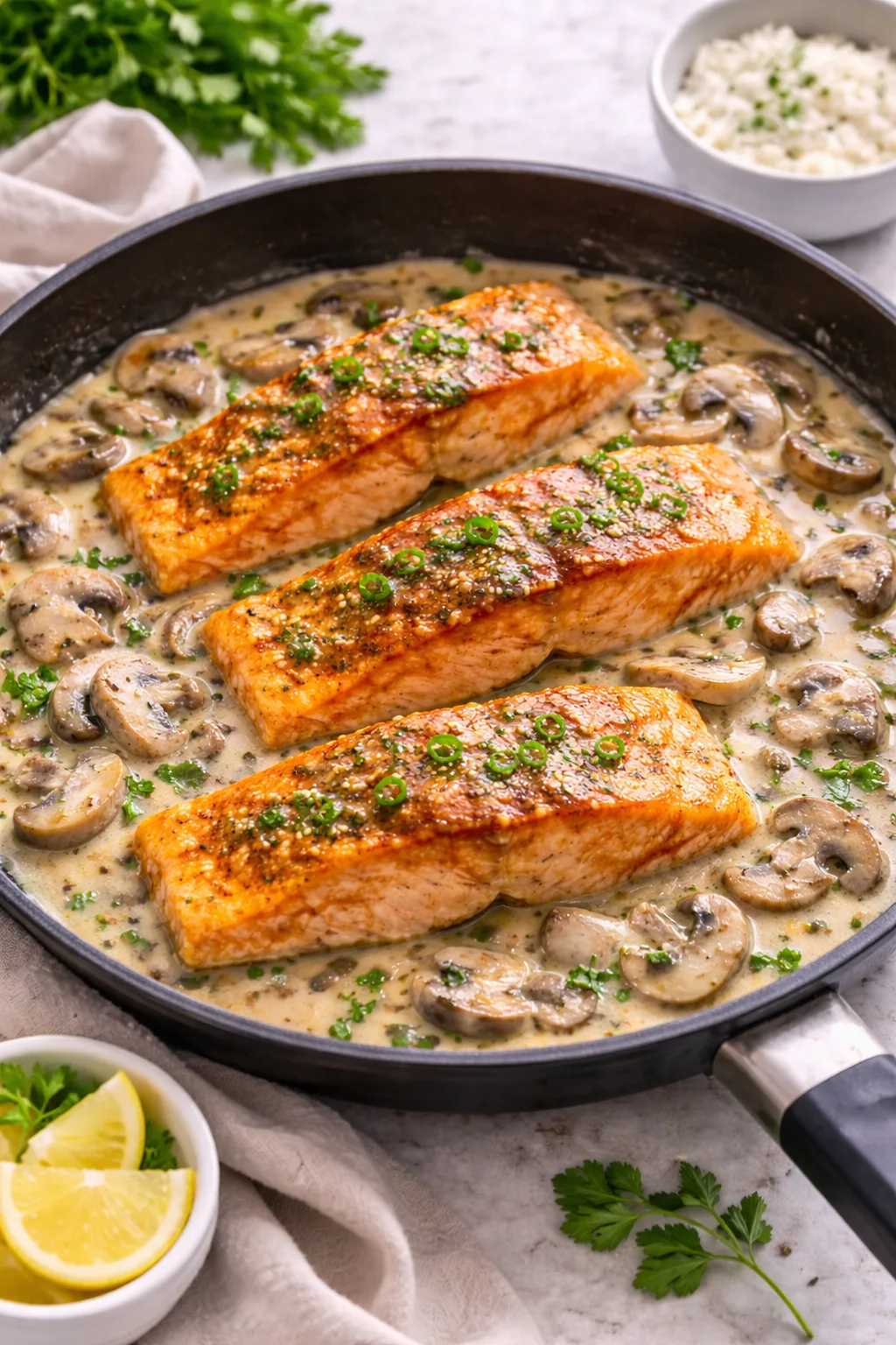 Filetes de salmón de Chile dorados servidos en sartén con salsa cremosa de champiñones y perejil fresco.