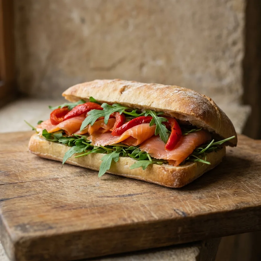 Ciabatta de salmón chileno con rúcula y pimentón en tabla de madera