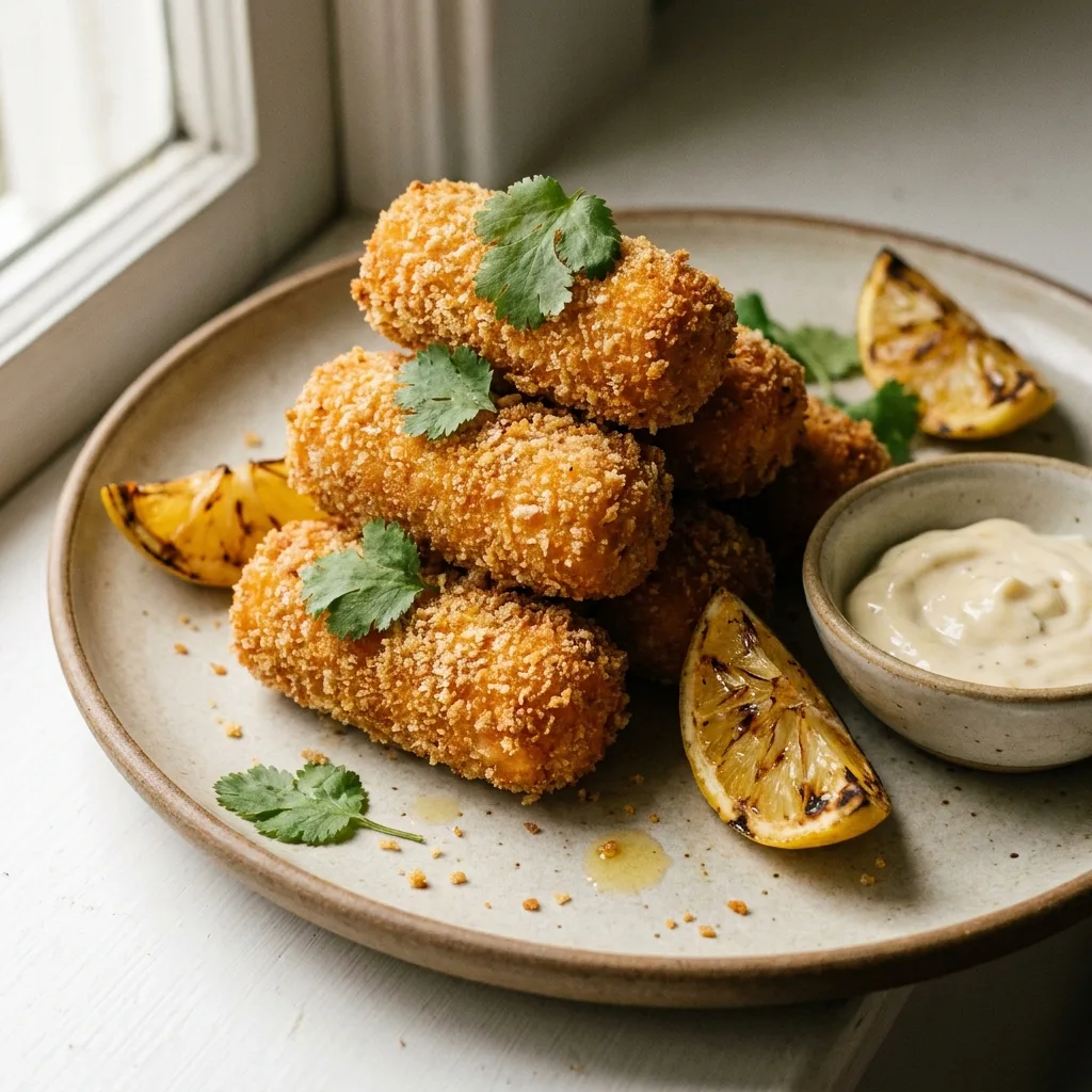 Croquetas de salmón doradas y crujientes con cilantro y gajos de limón