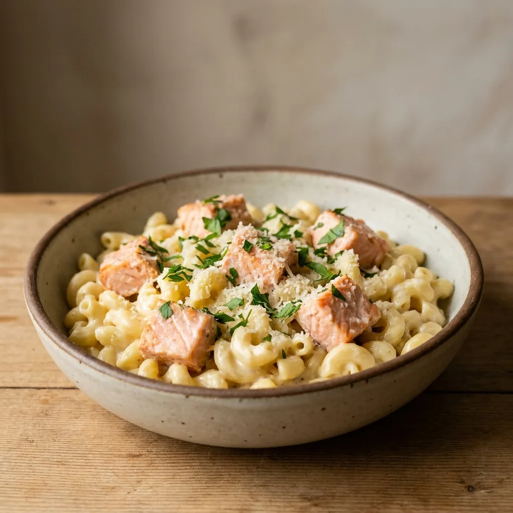 Macarroni con salsa alfredo y Salmón de Chile, receta de SalmonChile