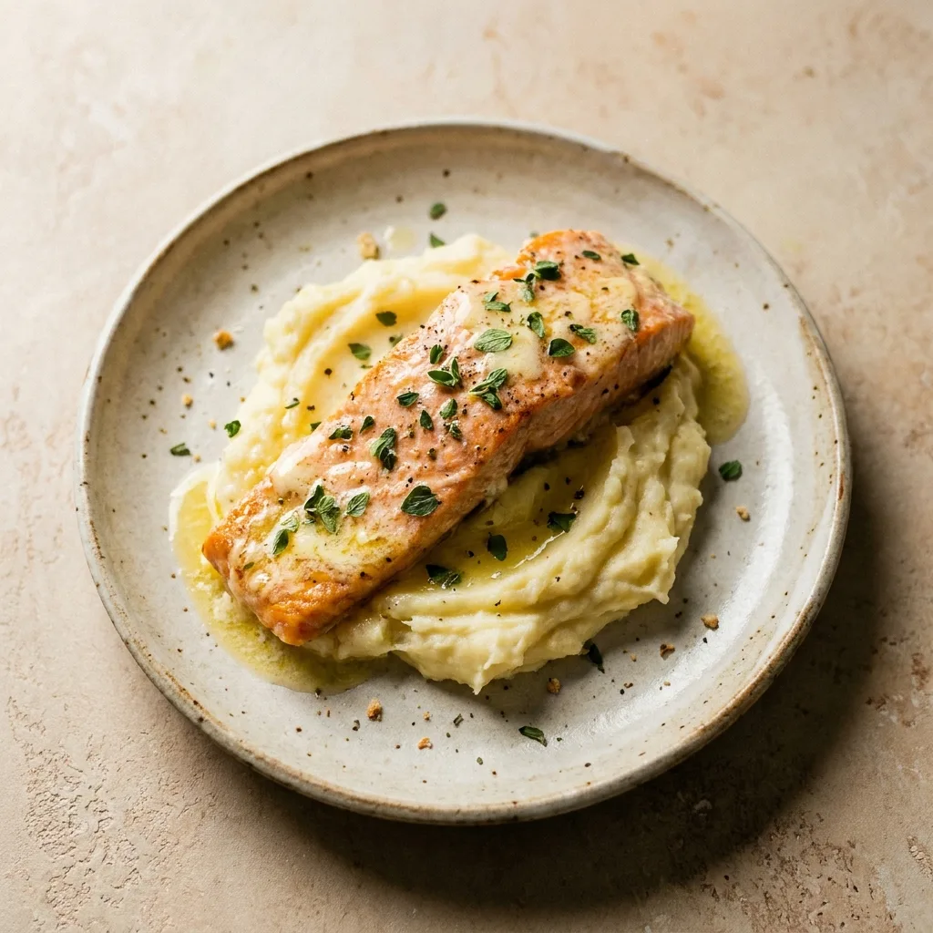 Salmón a la mantequilla con orégano acompañado de puré de papas cremoso
