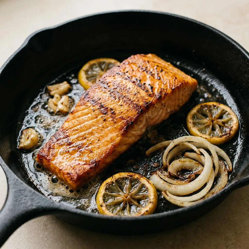 Filete de salmón a la plancha con ajo, limón y cebolla en sartén de hierro