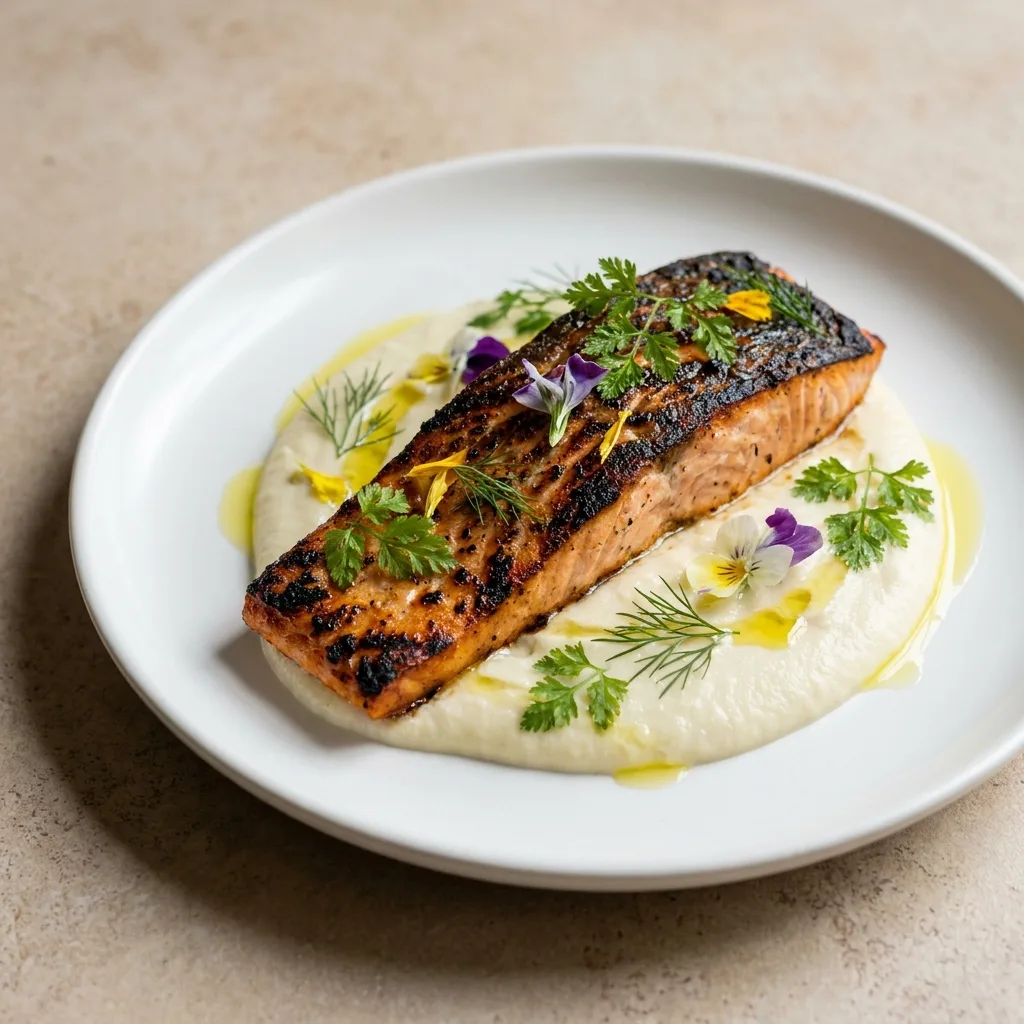 Salmón a la brasa con crema de coliflor, receta de SalmonChile