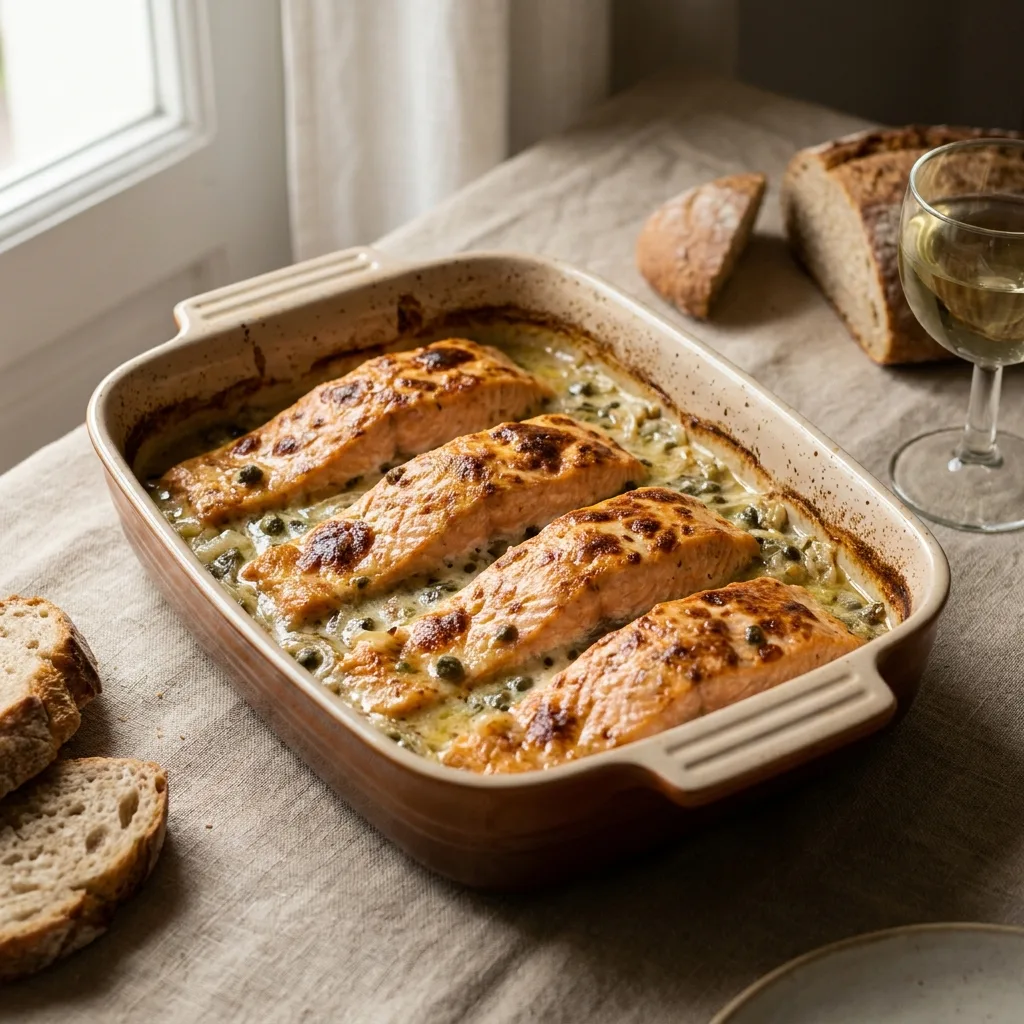 Filetes de salmón con alcaparras y salsa de vino blanco en fuente de horno
