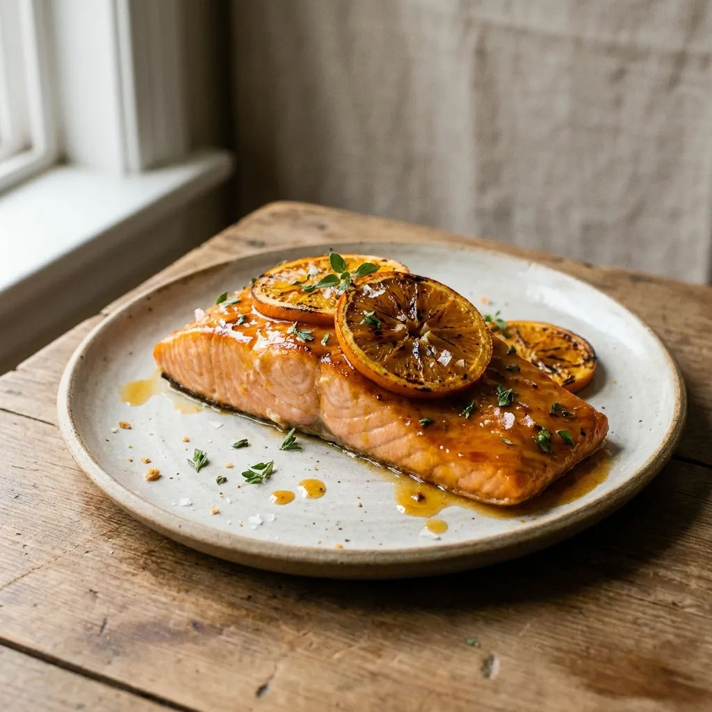 Salmón chileno a la naranja glaseado con rodajas de naranja