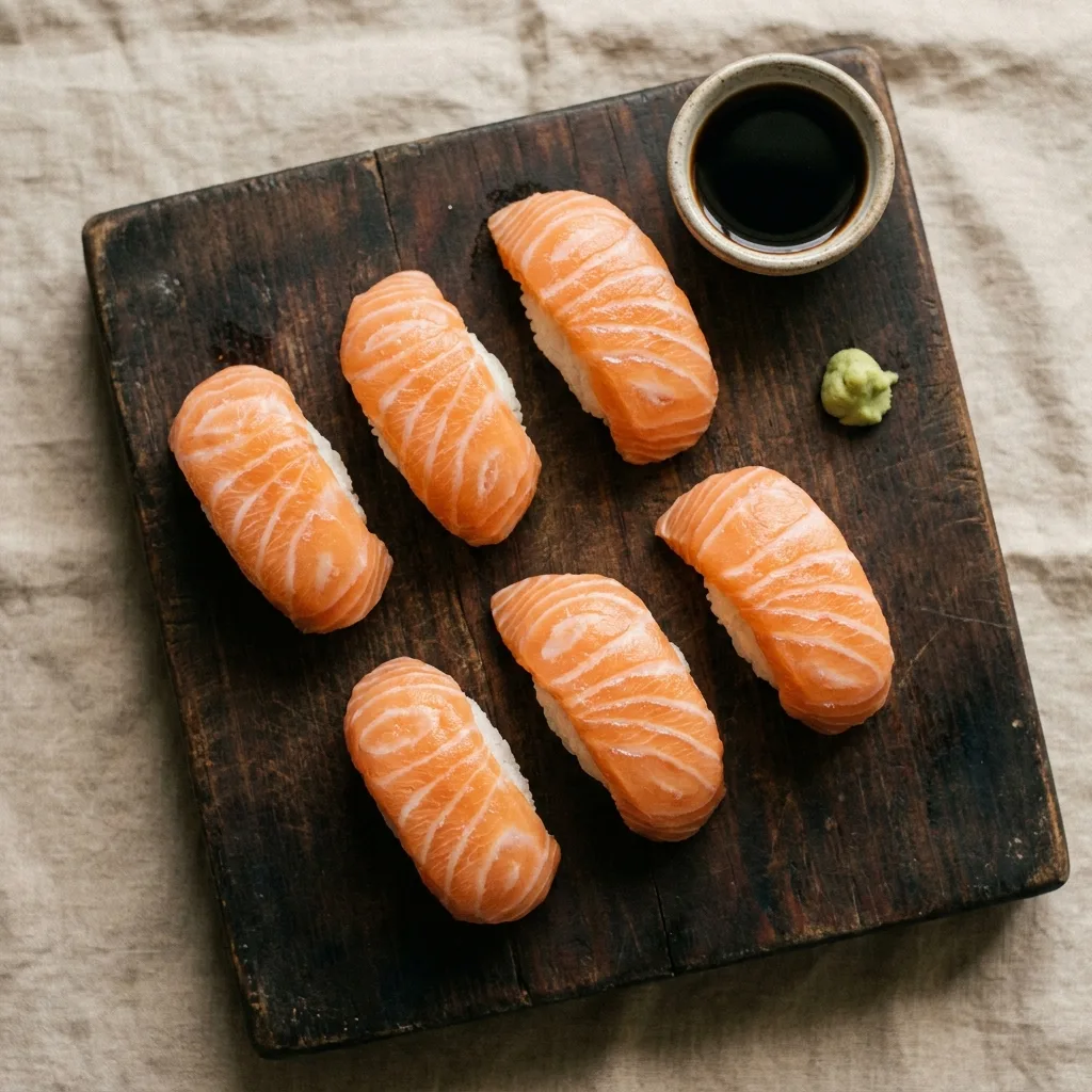 Nigiri de salmón fresco sobre arroz de sushi con wasabi y salsa de soya