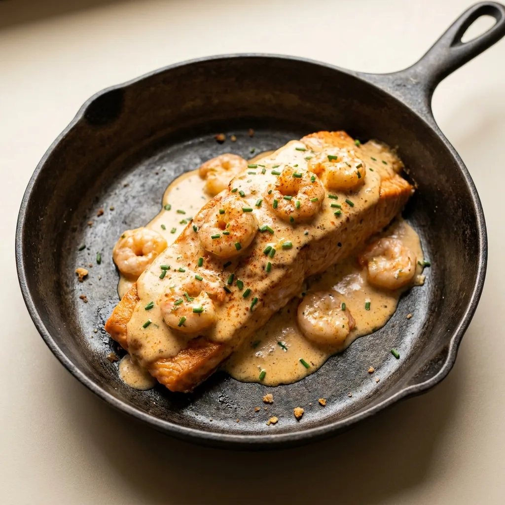 Salmón con salsa cremosa de camarones, ají de color y ciboulette en sartén