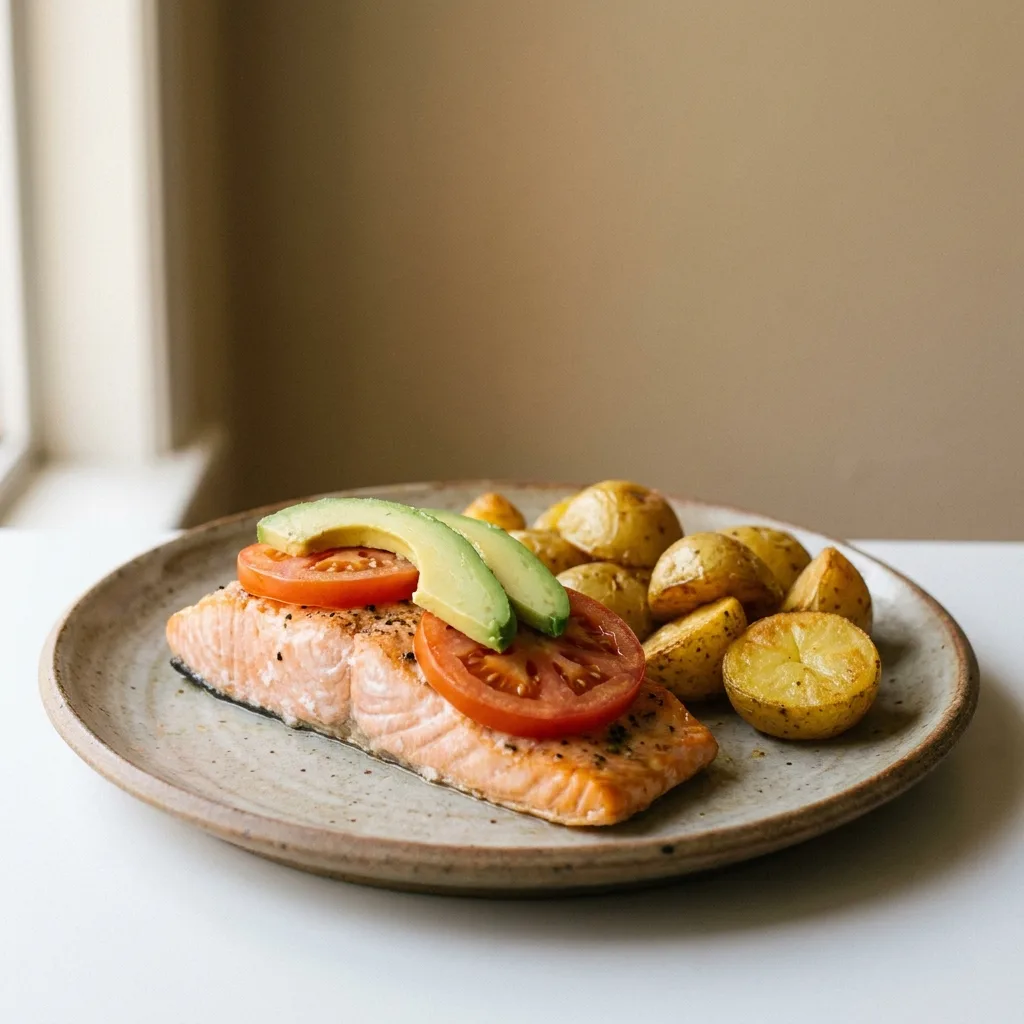 Salmón chileno con tomate, palta y papas doradas