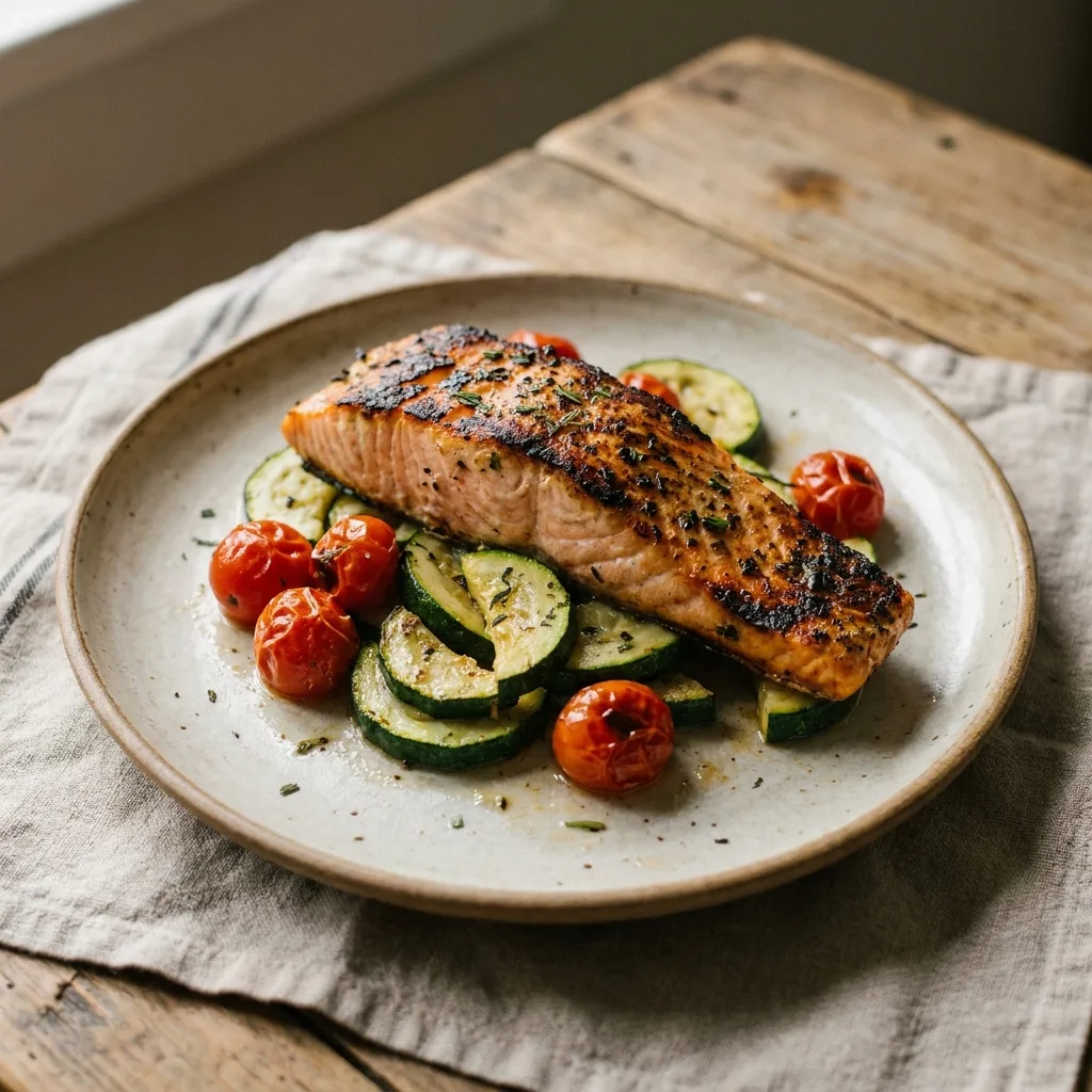 Salmón chileno con zapallo italiano salteado y tomate