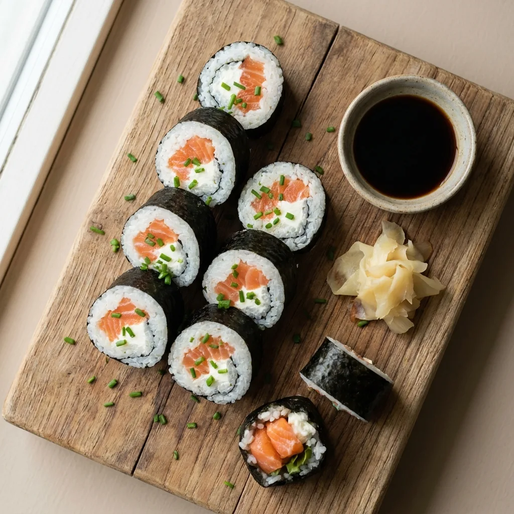Rolls de sushi de salmón con queso crema y alga nori en tabla de madera