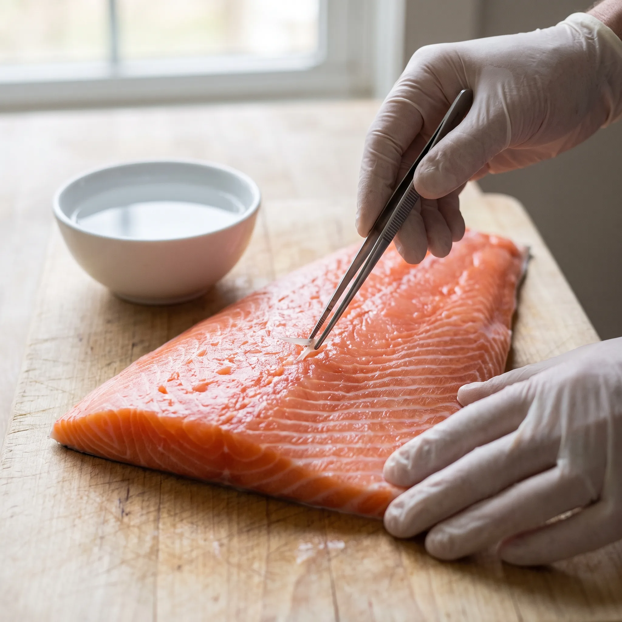Manos retirando una espina de un filete de salmón chileno con una pinza de cocina sobre una tabla de madera