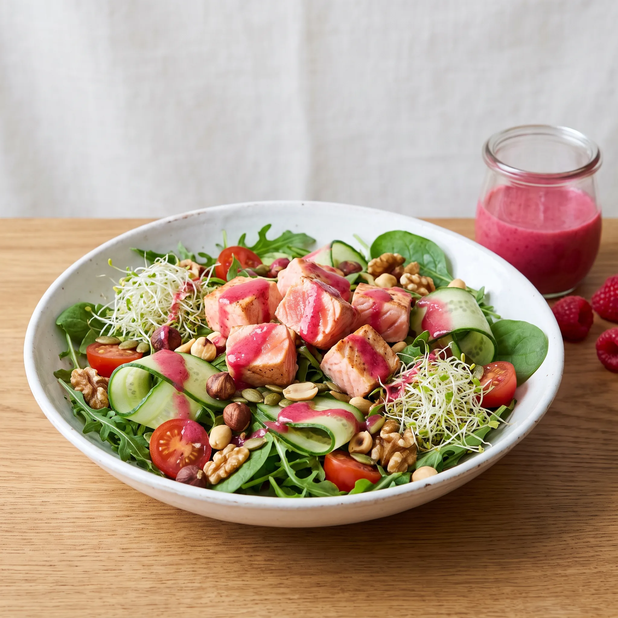 Ensalada de salmón chileno en cubos con rúcula, pepino, tomate cherry, frutos secos y aderezo de frambuesa