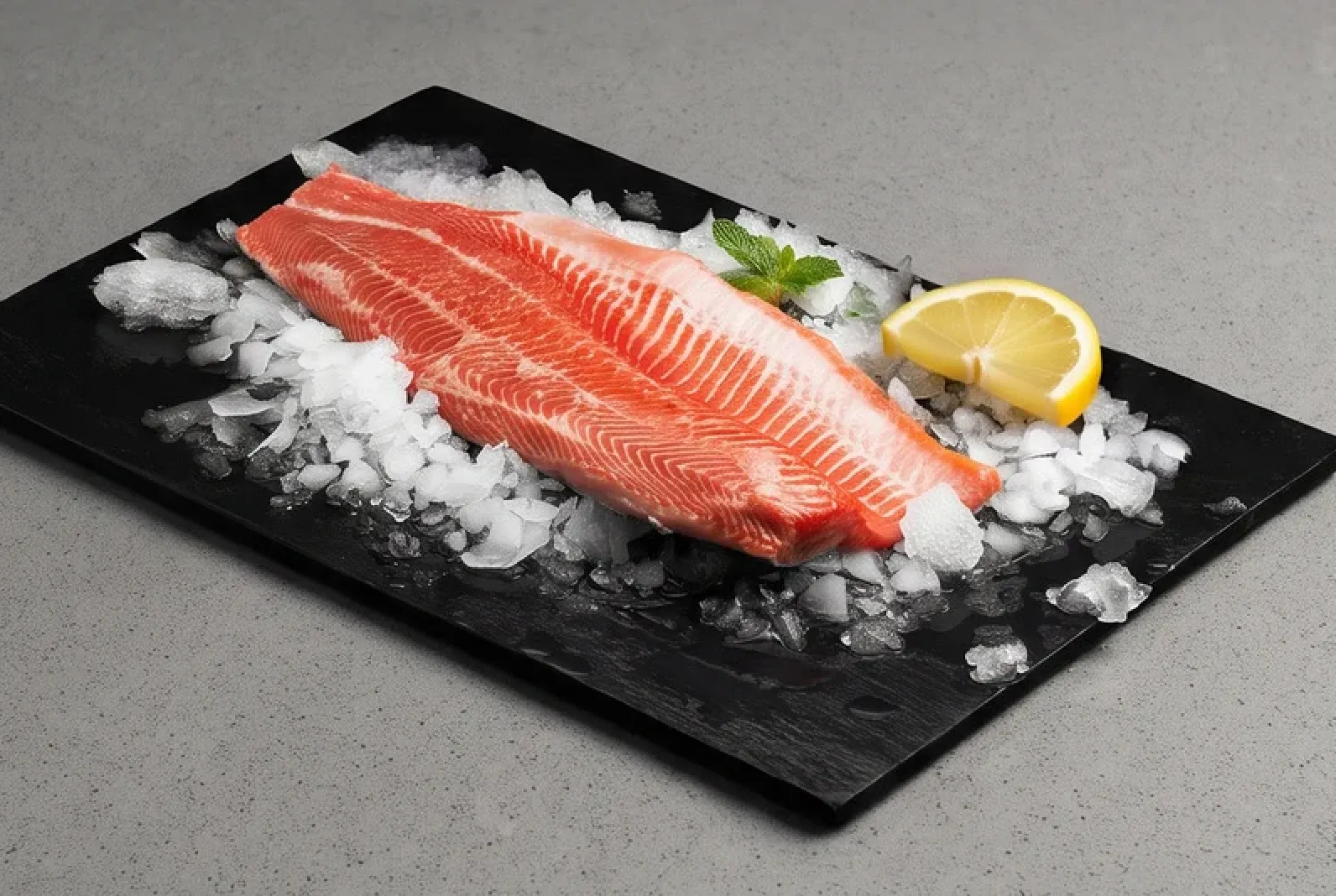 Filete de salmón fresco de Cooke sobre hielo con limón